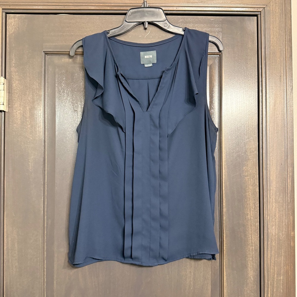 Maeve Anthropologie Navy Blue Ruffle V-Neck Pleated Sleeveless Blouse Size 12‎
